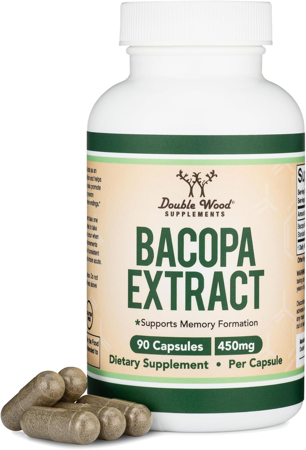 Bacopa Monnieri Capsules 20% Bacosides 450mg, 90 Count (Non-GMO, Gluten Free) Brahmi Extract (Memory Supplement for Brain Health, Focus, and Cognitive Function) by Double Wood : Health & Household