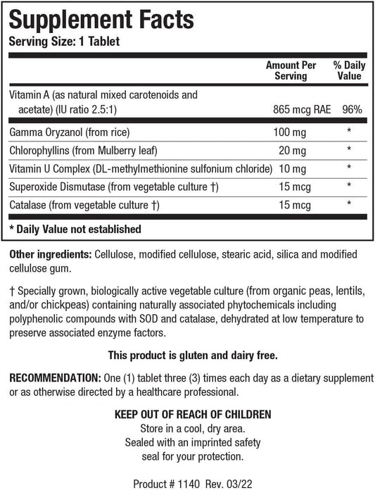 Biotics Research Gastrazyme From, Supplies Vitamin U Complex, Chlorophyllins, Gamma Oryzanol, 90 Tabs