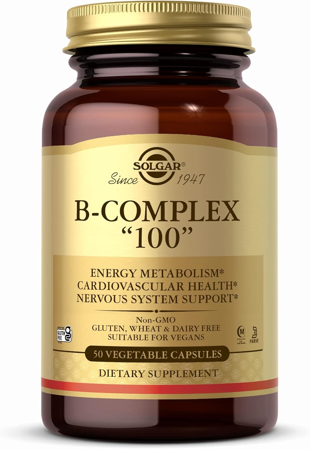 Solgar B-Complex 100" - 50 Vegetable Capsules - Energy Metabolism, Cardiovascular Health, Nervous System Support - Non-Gmo, Vegan, Gluten Free - 50 Servings