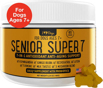 Iheartdogs Senior Super 7 Daily Dog Multivitamin - 7-In-1 Vitamin For Dogs Supports Anti-Aging With Antioxidants, Probiotics, Lion'S Mane, Turkey Tail, & Ashwagandha For Longevity & Cognitive Boost