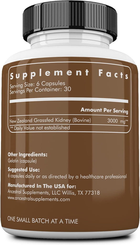 Ancestral Supplements Grass Fed Beef Kidney Supplement, 3000mg, DAO Enzyme Supplement, Kidney Support for Urinary and Histamine Health, Selenium, B12, Non GMO, 180 Capsules