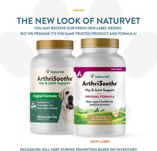 NaturVet ArthriSoothe Hip & Joint Formula Pet Supplement for Dogs & Cats – Includes Glucosamine, MSM, Chondroitin, Boswellia, Green Lipped Mussel – Supports HIPS, Joints – 500 Ct