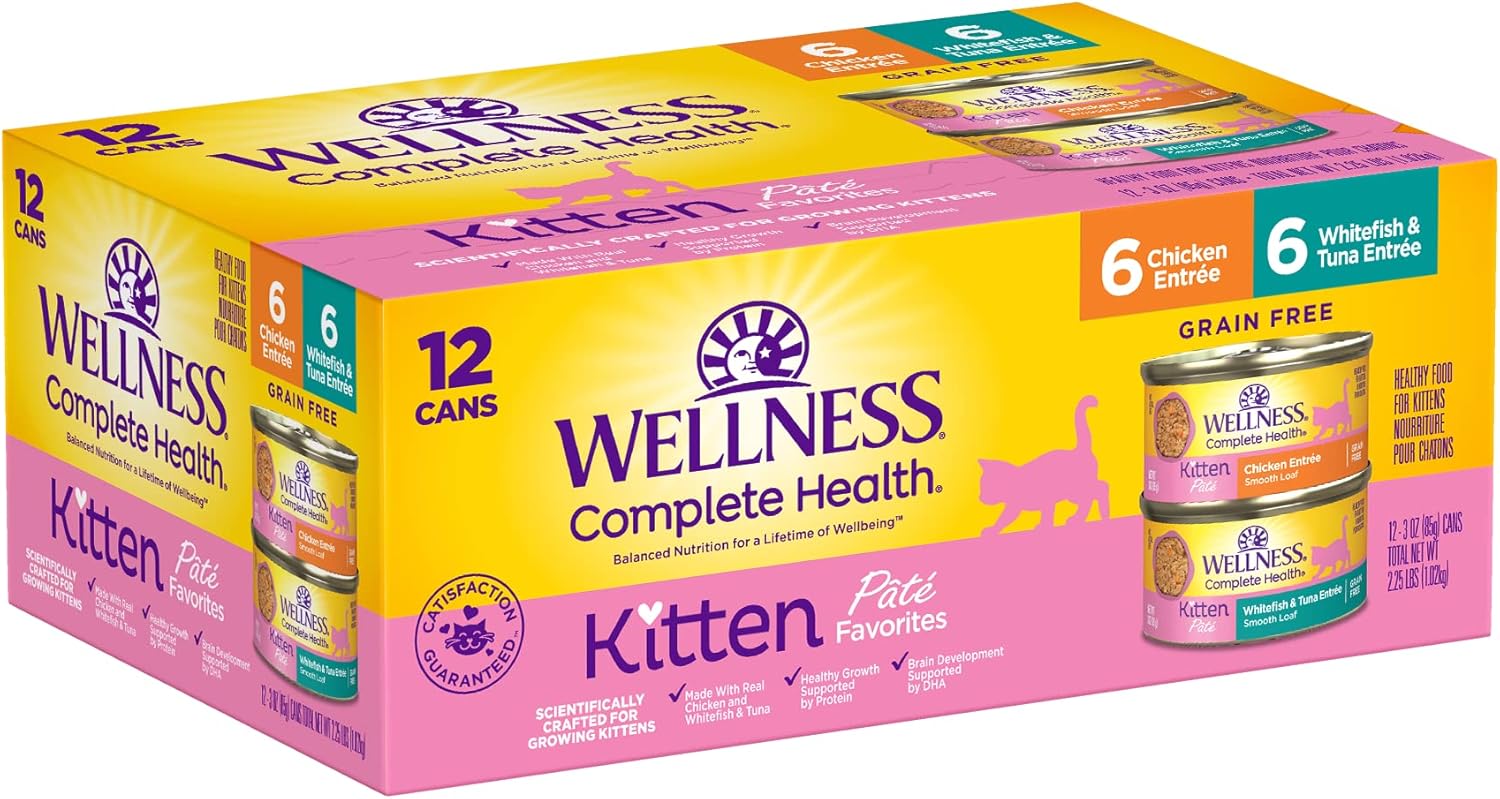 Wellness Complete Health Grain-Free Wet Canned Kitten Food, Made In Usa With Real Meat, All Breeds, Smooth Pate (Kitten, Whitefish & Chicken Bundle, 3-Ounce Can, Pack Of 12)