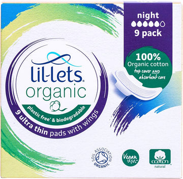 Lil-Lets Organic Cotton Night Pads, 9 Count, Ultra Thin, with Wings, for Medium to Heavy Flow, GOTS Certified, Plastic Free, Biodegradable, 100% Organic Cotton Top Cover and Absorbent Core