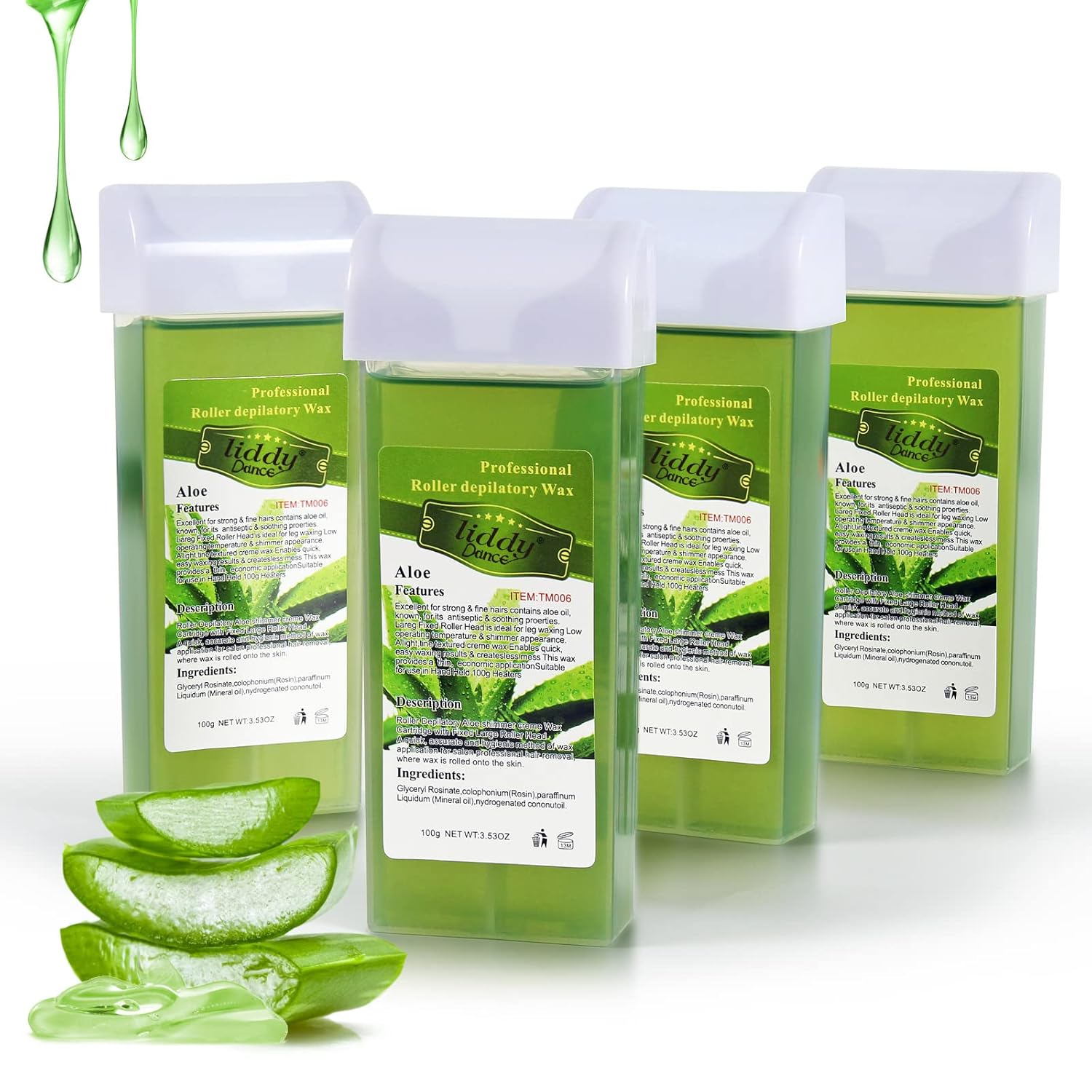 Liddy Dance Hair Removal Wax, Wax Refill, Soft Wax Roller Cartridge For Roll On Waxing Kit, Aloe Depilatory Rolling Wax For Sensitive Skin, 4 Pack (14.1 Oz)