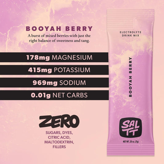 Saltt Electrolytes Powder Flavored Drink Mix - Booyah Berry - 30 Hydration Packets - Magnesium, Potassium, Sodium, Trace Minerals - Zero Sugar & Gluten Free - Travel Essentials - By Keto Chow