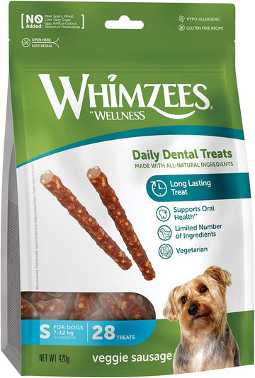 WHIMZEES By Wellness Veggie Sausage, Natural and Grain-Free Dog Chews, Dog Dental Sticks for Small Breeds, 28 Pieces, Size S?WHZ324EU