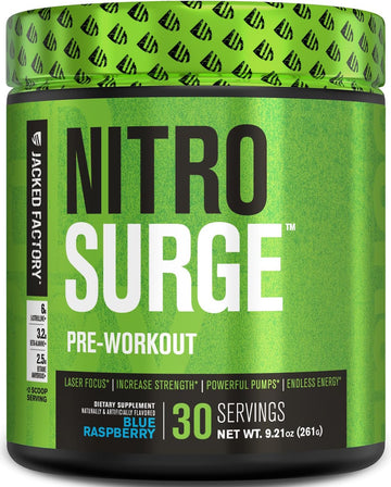 Jacked Factory Nitrosurge Pre Workout Supplement - Energy Booster, Instant Strength Gains, Clear Focus & Intense Pumps - No Booster & Powerful Preworkout Energy Powder - 30 Servings, Blue Raspberry