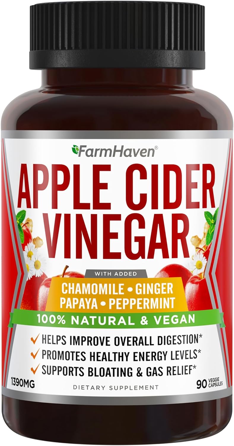 Apple Cider Vinegar Capsules With Ginger, Papaya & Chamomile | 1390mg | Improves Digestion, Energy, Immunity | Soothes Gas & Bloating Issues | Like With Mother | Non-GMO & 100% Natural | 90 Capsules