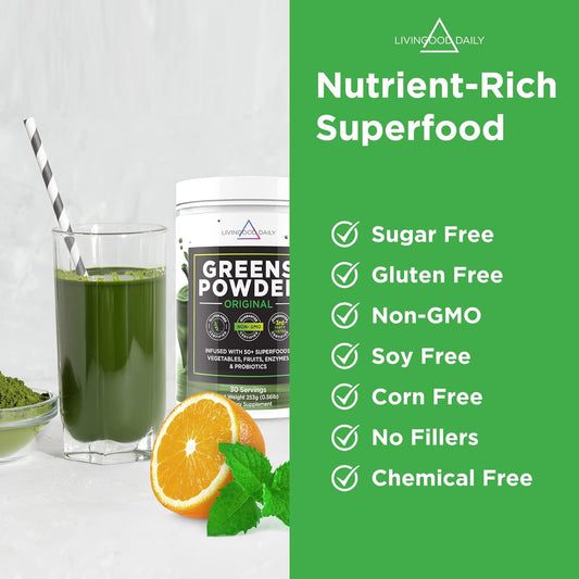 Livingood Daily Greens, Original - Super Greens Powder for Gut Health - Green Blend Superfood with Spirulina, Chlorella, Veggie, Fruits, Herbs, Prebiotics & Enzymes - Smoothie Mix - 30 Servings