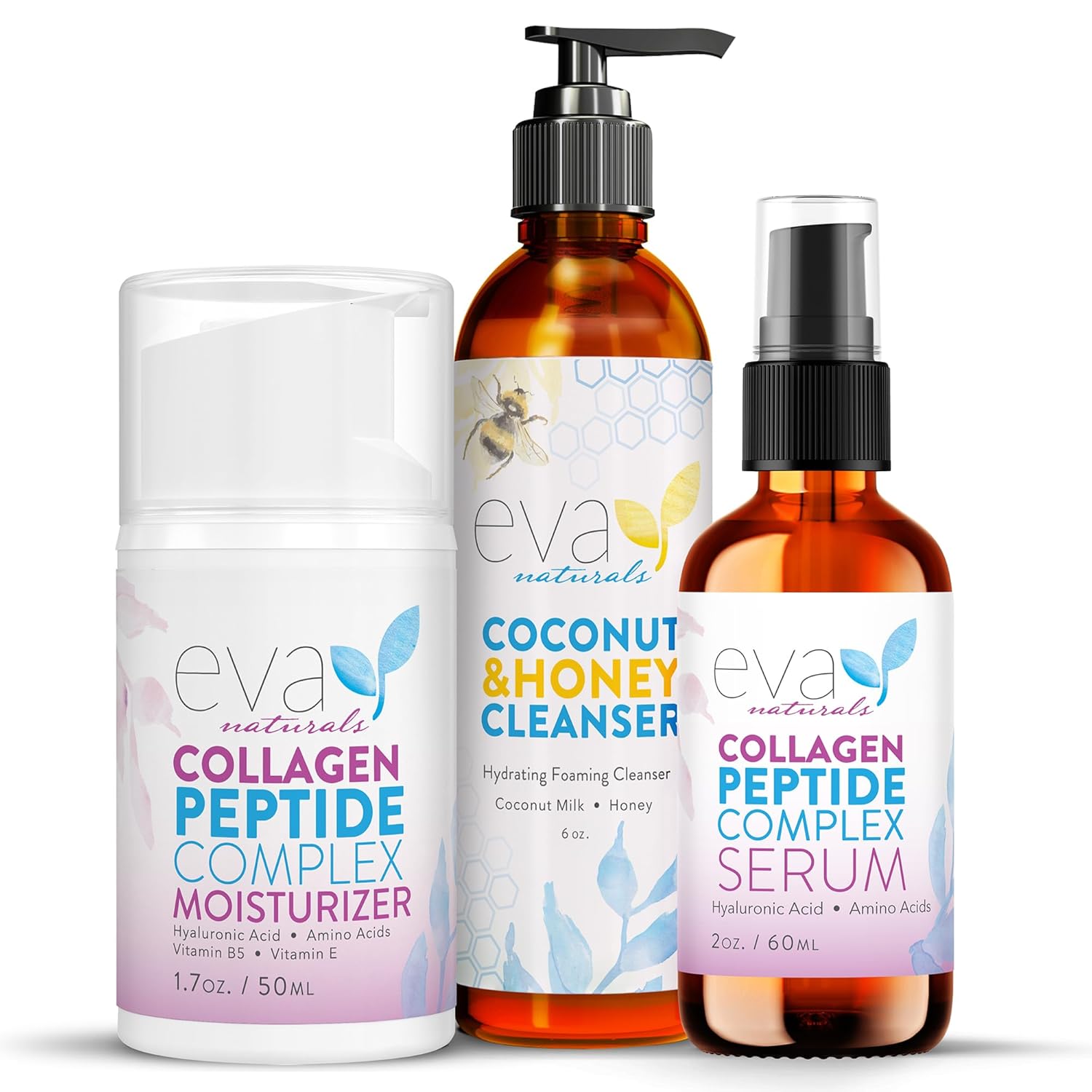 Collagen Peptide Serum, Collagen Peptide Moisturizer & Coconut And Honey Cleanser Bundle