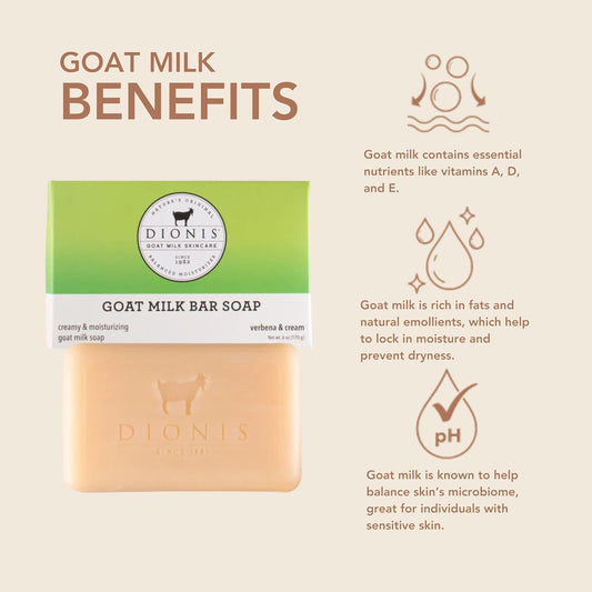 Dionis Goat Milk Verbena & Cream Ultimate Bar Soap Shower & Bath 3 Pc Travel Set - Creamy, Rich Lather, Exfoliates & Massages Hands - Triple Milled Soap Bar, Soap Saver Pad & Exfoliating Scrubber Bag
