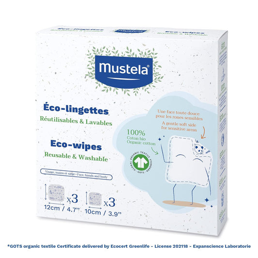 Mustela Reusable & Washable Baby Eco-Wipes - 100% Organic Gots Certified Cotton Pads For Quick Cleanups Or Makeup Removal - 6 Counts (3 Large & 3 Small)