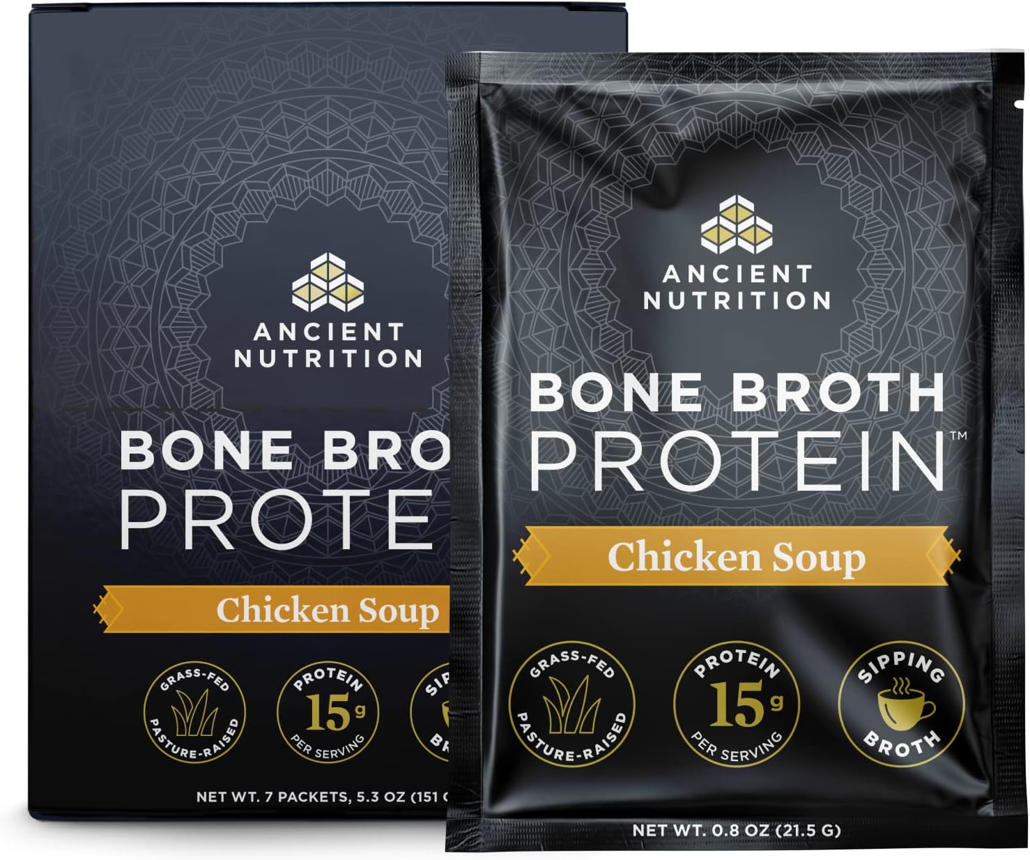 Bone Broth Protein Powder By Ancient Nutrition, Chicken Soup Packets, Grass-Fed Chicken And Beef Bone Broth Powder, 15G Protein Per Serving, Supports A Healthy Gut, 7 Count