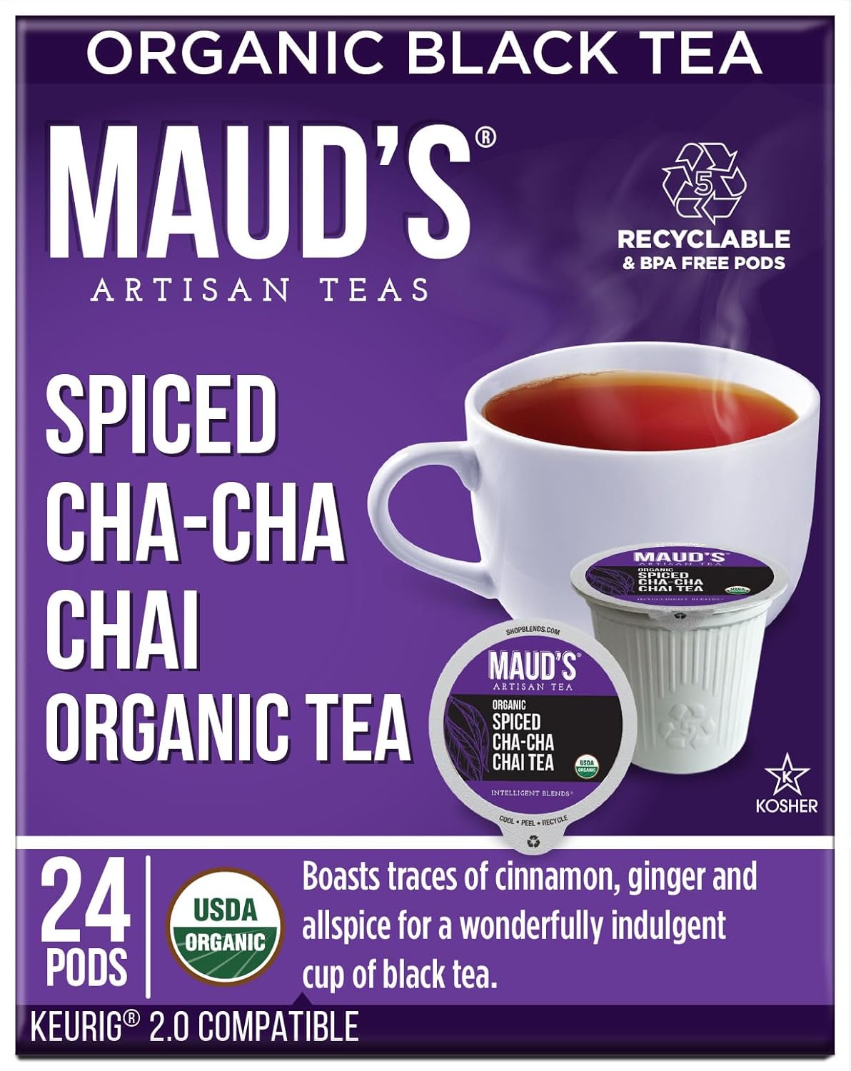 Maud'S Organic Chai Tea Pods, 24 Ct, Recyclable Single Serve Tea Pods – 100% Gourmet Blended Tea Leaves, Compatible With Keurig K Cups Maker