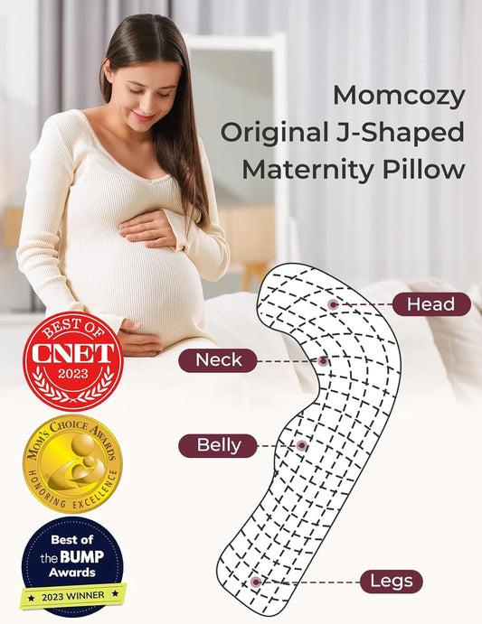 Momcozy Body Pillow For Pregnancy, J Shaped Pregnancy Pillows For Side Sleeping, Soft Maternity Pillow With Jersey Cotton Cover For Head Neck Belly Support, Pink