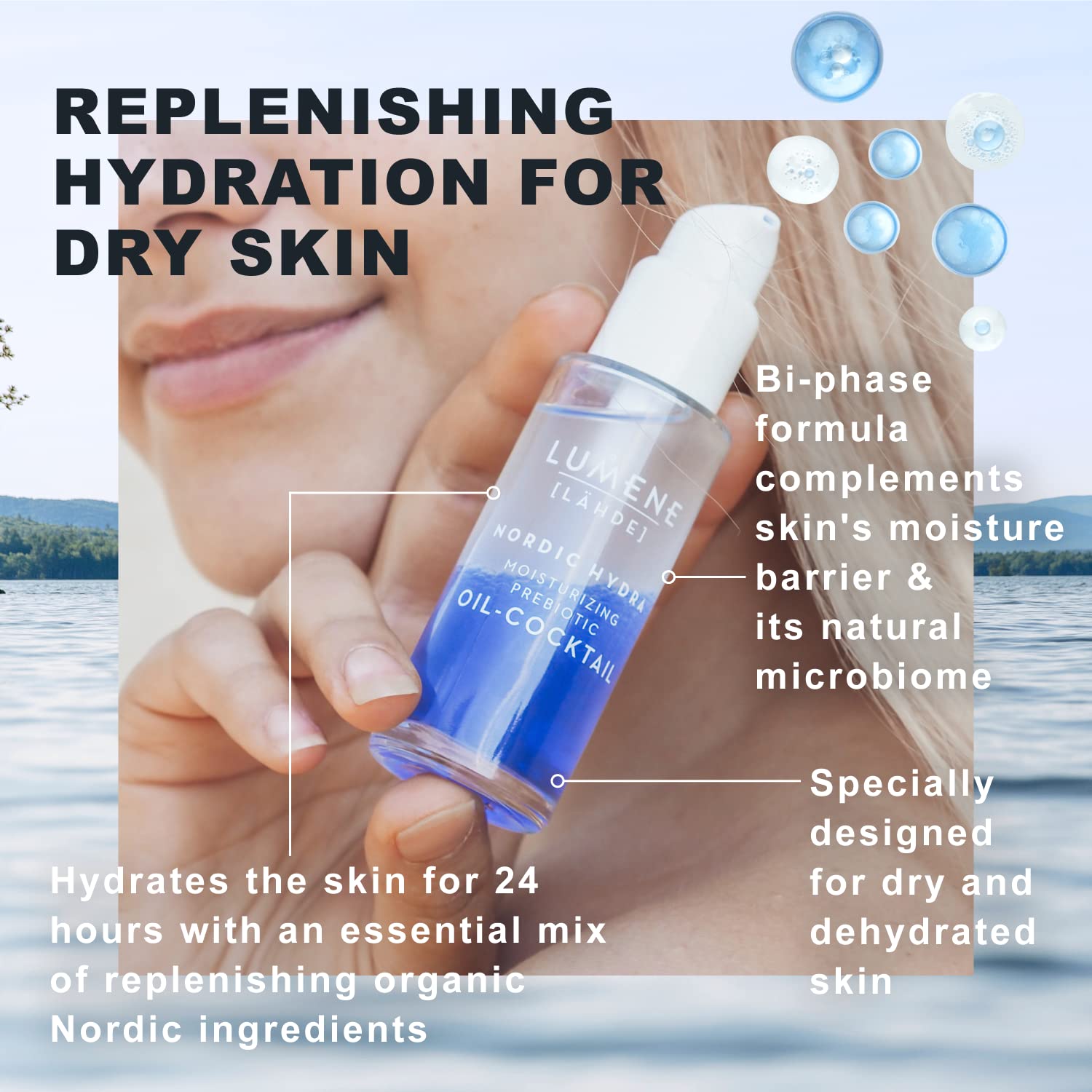 Lumene Nordic Hydra Moisturizing Prebiotic Oil-Cocktail - Nurturing Bi-Phase Face Oil For Dehydrated Skin & Skin Barrier Repair - Essential Nordic Mix & Hydrating Oil For Dry Skin (30Ml) : Beauty & Personal Care