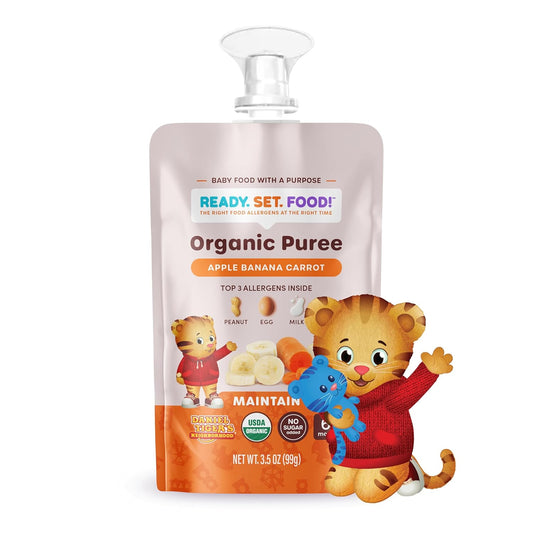 Ready Set Food Organic Puree Pouch – Organic Baby Food Squeeze Pouch With Top 3 Allergens For Baby Allergen Introduction, Includes Organic Peanuts, Egg, And Milk (Apple Banana Carrot, 6 Count)