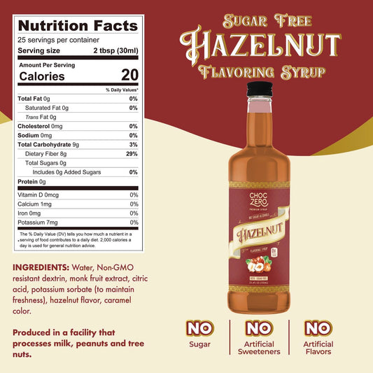 Choczero Sugar Free Hazelnut Syrup For Coffee - Keto Flavoring Syrups - Low Calorie Simple Syrup For Flavored Drinks, 25.4 Ounces Bottle (Pack Of 1)