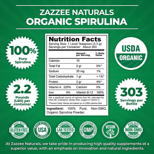 Zazzee Usda Certified Organic Spirulina Powder, 2.2 Pounds (1 Kg), 303 Servings, 100% Pure, Non-Irradiated, Mess-Free Wide Mouth Container, Fresh Smell And Neutral Taste, Vegan, Non-Gmo, Gluten-Free