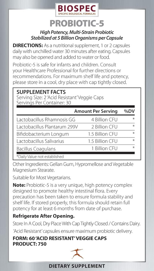 Probiotic-5 – Broad-Spectrum Probiotic Complex W/ 5 Billion Microorganisms And 5 Unique Probiotic Strains Per Capsule