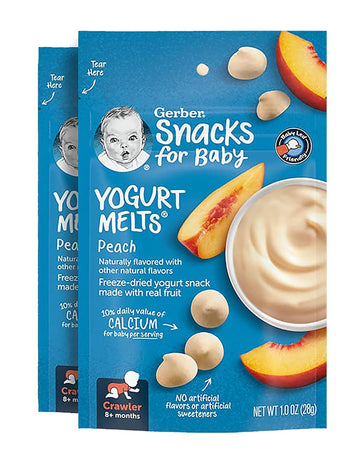 Gerber Snacks For Baby Yogurt Melts, Peach, Freeze-Dried Yogurt Snack Made With Real Yogurt & Fruit, Baby Snack For Crawlers, 1 Ounce Pouch (Pack Of 2)