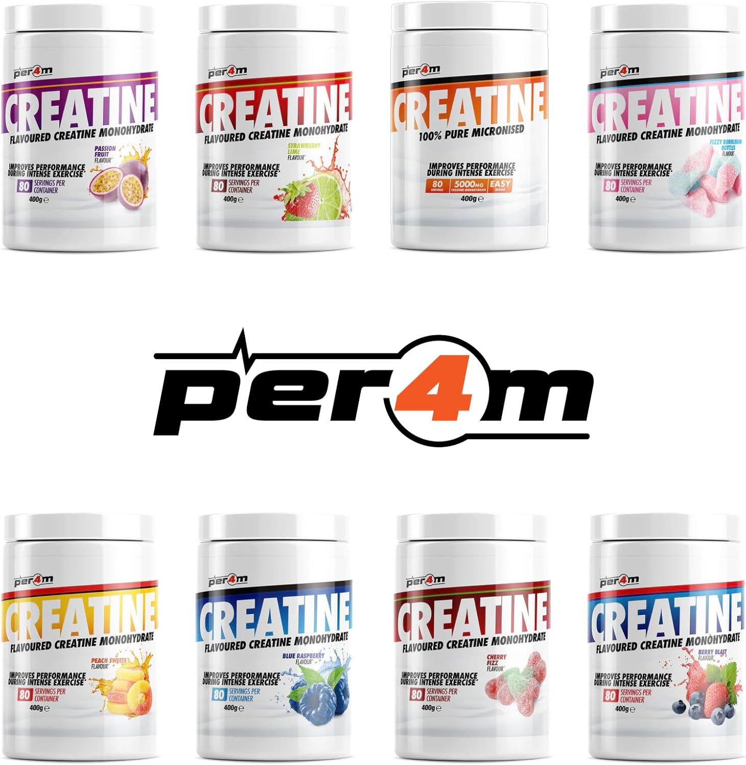 Per4m Creatine Powder | 80 Servings of Micronised Creatine Monohydrate | Performance & Strength | 8 Flavours (400g, Cherry Fizz) : Amazon.co.uk: Health & Personal Care