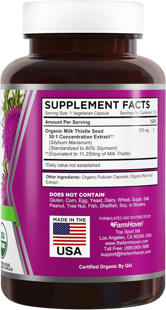 FarmHaven USDA Organic Milk Thistle Capsules | 11250mg Strength | 30X Concentrated Seed Extract & 80% Silymarin Standardized - Supports Liver Function and Overall Health | Non-GMO | 120 Vegan Capsules