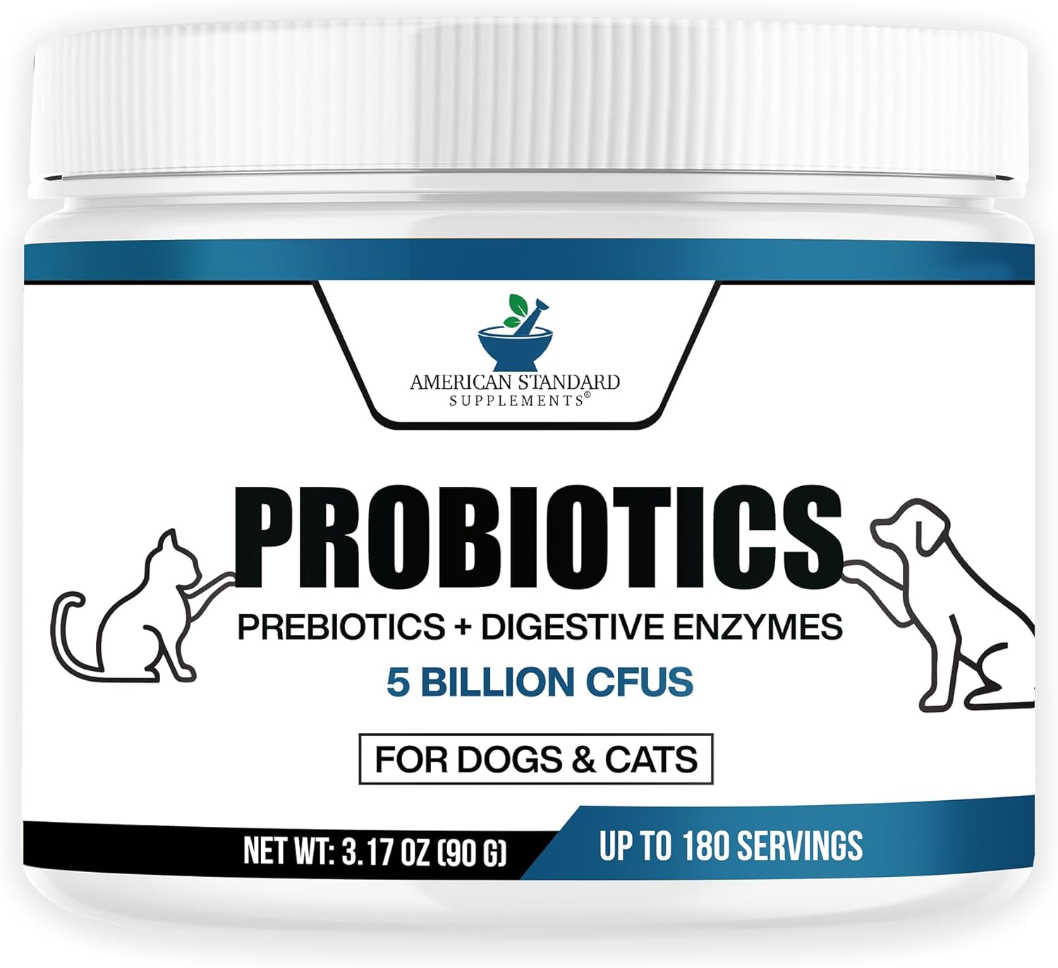 American Standard Supplements Probiotics For Dogs & Cats With Prebiotics & Digestive Enzymes, 5 Billion Cfu, 9 Strains, 3.17Oz (90G), 180 Servings - Dog & Cat Probiotics For Gut Health & Digestion