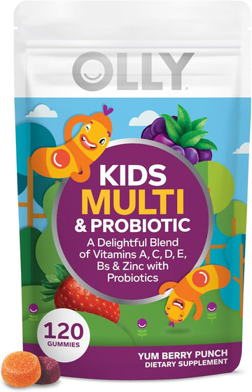 Olly Kids Multivitamin & Probiotic Gummy, Digestive Support, Vitamins A, D, C, E, B, Zinc, Chewable Supplement, Berry Flavor