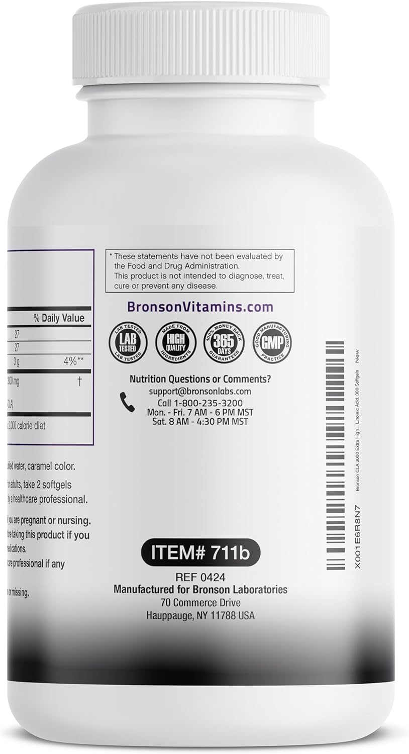 Bronson CLA 3000 Extra High Potency Supports Healthy Weight Management Lean Muscle Mass Non-Stimulating Conjugated Linoleic Acid 300 Softgels