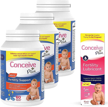 Conceive Plus Mens Fertility Bundle | 3 Months Supply Fertility Vitamin Supplements For Men 3 X 60 Count And Fertility Lubricant 2.5 Ounce
