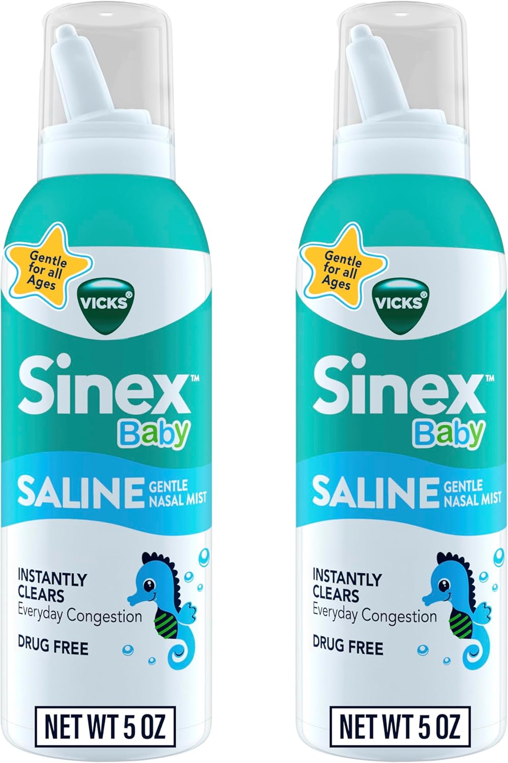 Vicks Sinex Baby Saline Nasal Spray, Drug Free Gentle Nasal Mist, Instantly Clears Everyday Stuffy Little Noses, Soothes & Hydrates, Safe For Daily Use, Gentle For All Ages, 5 Oz X 2