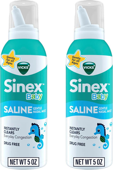 Vicks Sinex Baby Saline Nasal Spray, Drug Free Gentle Nasal Mist, Instantly Clears Everyday Stuffy Little Noses, Soothes & Hydrates, Safe For Daily Use, Gentle For All Ages, 5 Oz X 2