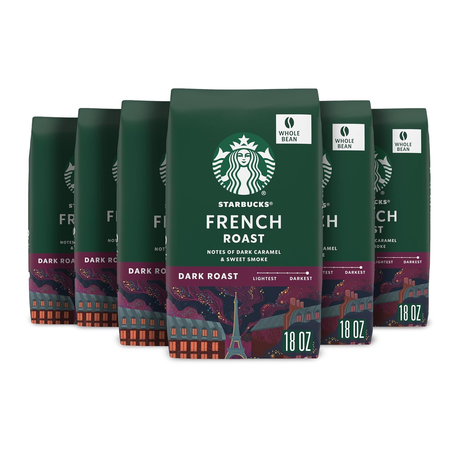 Starbucks Dark Roast Whole Bean Coffee — French Roast — 100% Arabica— 6 Bags (18 Oz. Each)