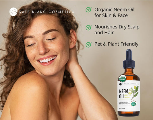 Kate Blanc Cosmetics Neem Oil For Skin, Hair & Face. Safe For Dog, Plants, Scalp (4Oz, Organic, Cold Pressed, Concentrate)