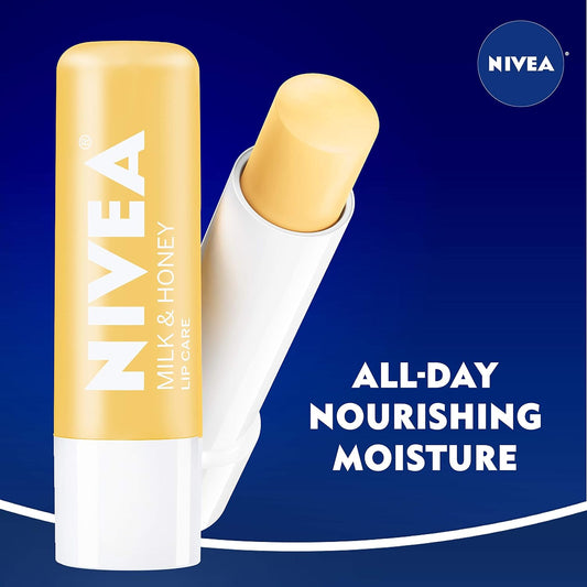NIVEA Milk and Honey Lip Care, Moisturizing Lip Balm Stick with Shea Butter, 4 Pack of 0.17 Oz Sticks