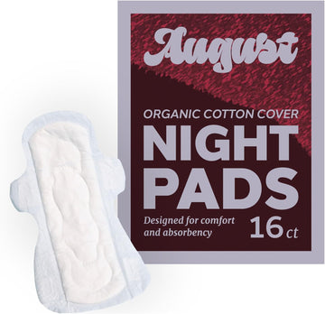 August Menstrual Night Organic Topsheet Pads for Women and Anyone Who Menstruates, 16 Organic Cotton Overnight Pads, Compostable Wrappers, Fragrance Free, Hypoallergenic Overnight Pads with Wings