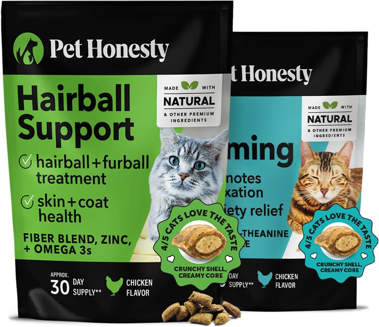 Pet Honesty Cat Hairball Support + Cat Calming Dual Texture Chew Supplement Bundle - Cat Hairball Solution, Supports Skin & Coat And Digestion, Helps Reduce Stress And Cat Anxiety Relief