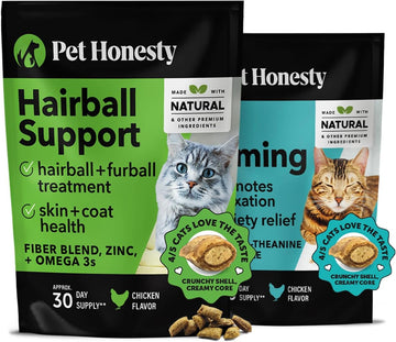 Pet Honesty Cat Hairball Support + Cat Calming Dual Texture Chew Supplement Bundle - Cat Hairball Solution, Supports Skin & Coat And Digestion, Helps Reduce Stress And Cat Anxiety Relief