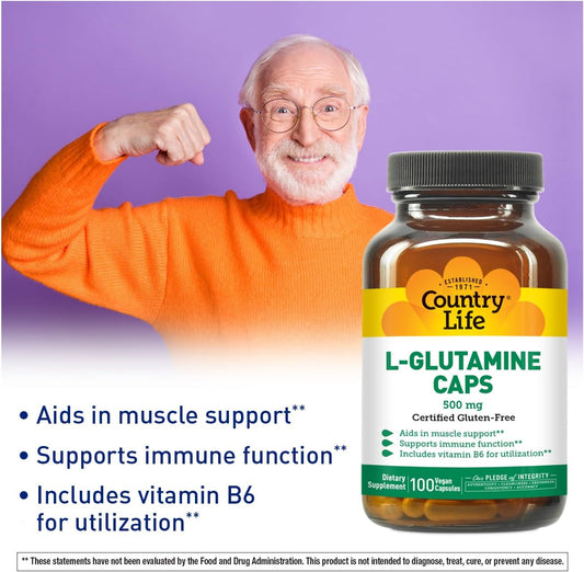 Country Life L-Glutamine 500 Mg With B-6 - Amino Acids Supplement For Muscle Support & Gut Health - Vegan, Gluten-Free, Kosher - High Absorption - No Yeast, Corn, Soy - 100 Capsules