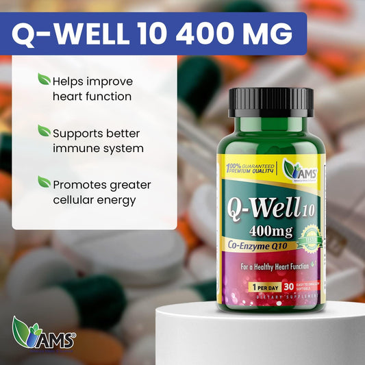 America Medic & Science Q-Well-10 (30 Pieces) | Coq10 400Mg Softgels | Nutritional Supplement With Coenzyme Q10 And Vitamin E | High Absorption Antioxidant For Enhanced Wellness And Heart Health
