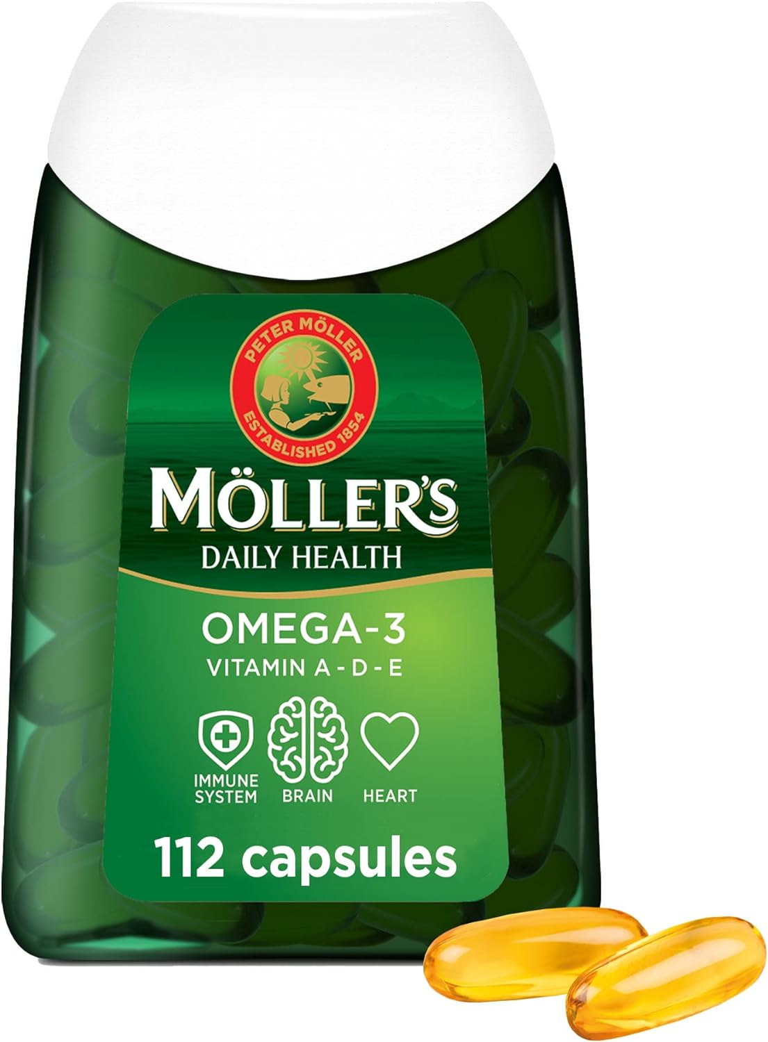 Moller’s ® | Omega-3 Capsules | Fish Oil | Nordic Omega-3 Dietary Supplement with EPA and DHA and Vitamins A, D and E | 166-year-old-brand | Daily Health | 112 CapsulesMollers-5702071388241