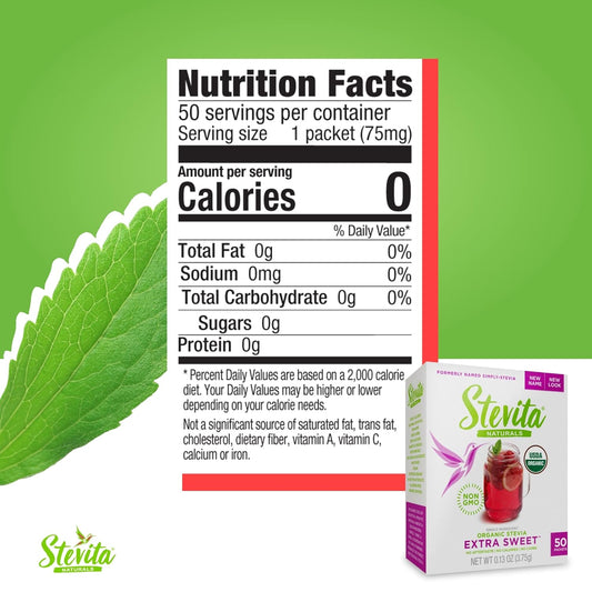 Stevita Organic Stevia Extra Sweet - 50 Packets - All-Natural, No Calorie Sweetener - Usda Organic, Non-Gmo, Vegan, Kosher, Keto, Paleo, Gluten Free - 50 Servings - 2 Pack