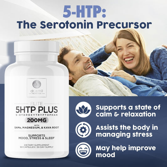 200 MG 5-HTP Elite with Kava Root Extract, Magnesium & SAM-e to Maintain Normal Healthy Sleep & Create a Sense of Wellbeing - 5HTP Supplement with Vitamin B6 - 60 Capsules, 30 Servings