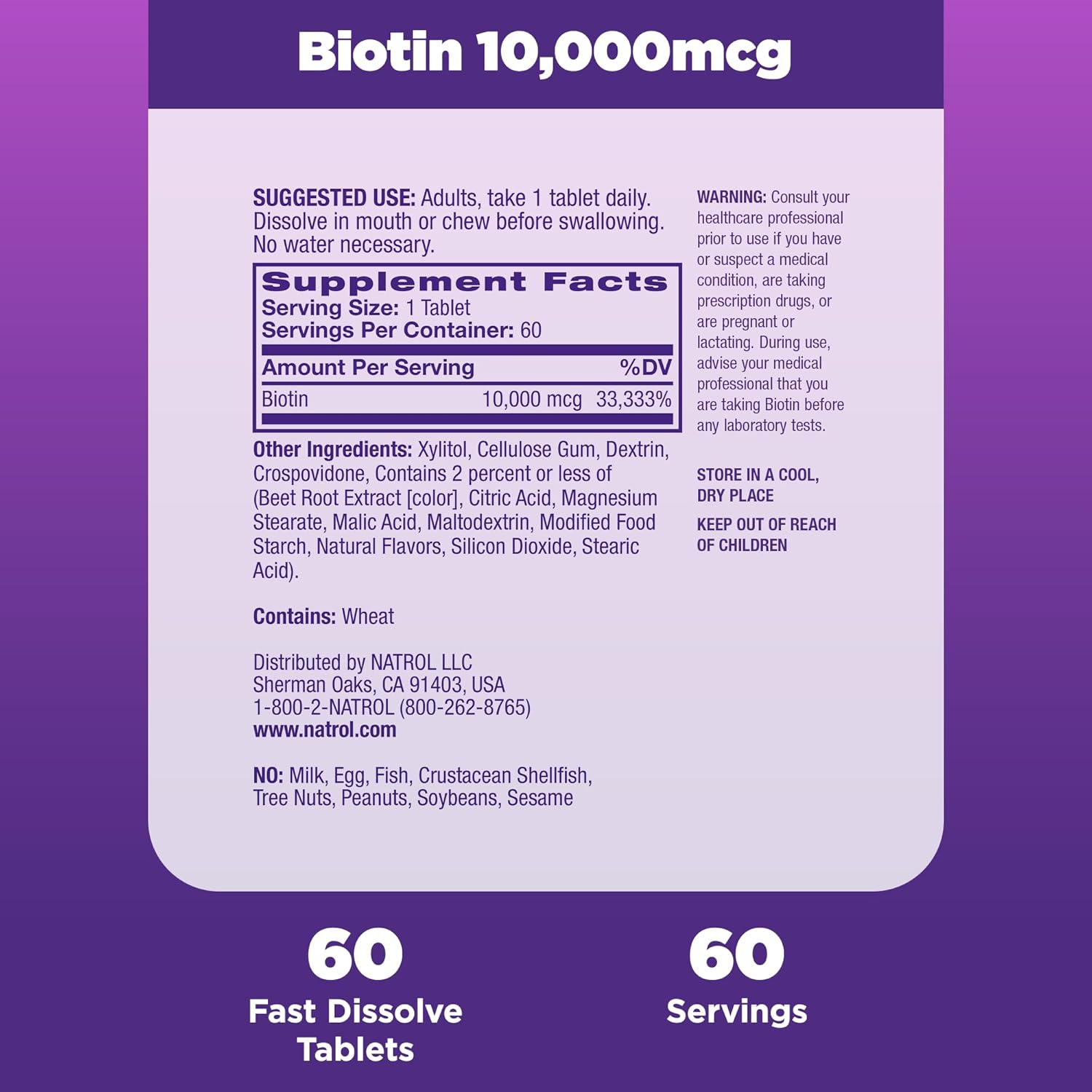 Natrol Beauty Biotin 10000mcg, Dietary Supplement for Healthy Hair, Skin, Nails and Energy Metabolism, 60 Strawberry-Flavored Fast Dissolve Tablets, 60 Day Supply