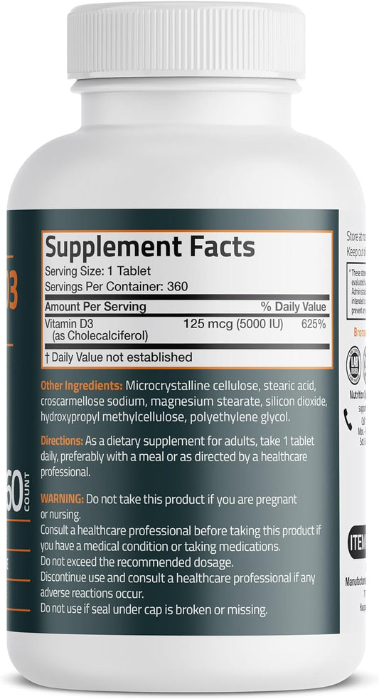 Bronson Vitamin D3 5,000 Iu (125 Mcg) 1 Year Supply For Healthy Muscle Function And Immune Support, Non-Gmo, 360 Tablets