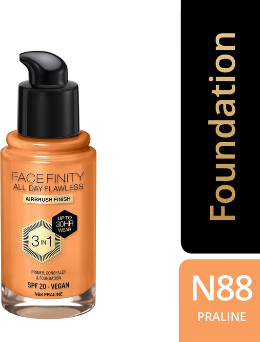 Max Factor Facefinity 3-In-1 All Day Flawless Liquid Foundation, Spf 20 - 88 Praline, 30 Ml
