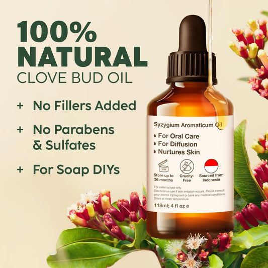 Kukka Clove Oil For Oral Care, Teeth & Gums Clove Essential Oil - 100% Natural Clove Essential Oil For Oral Care - Natural Clove Oil For Hair & Skin - Warm, Spicy Scent - Soap Making, Diy (4 Fl Oz)