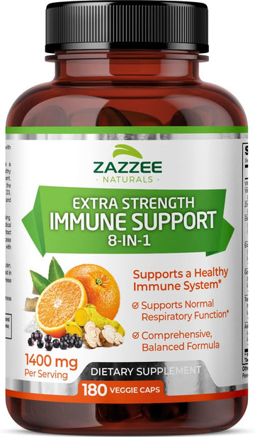 Zazzee Extra Strength 8-In-1 Immune Support, 1400 Mg Per Capsule, 180 Vegan Capsules, 1000 Mg Vitamin C, 1000 Iu Mg D3, Zinc, Elderberry, Echinacea, Goldenseal, Turmeric And Astragalus, All-Natural